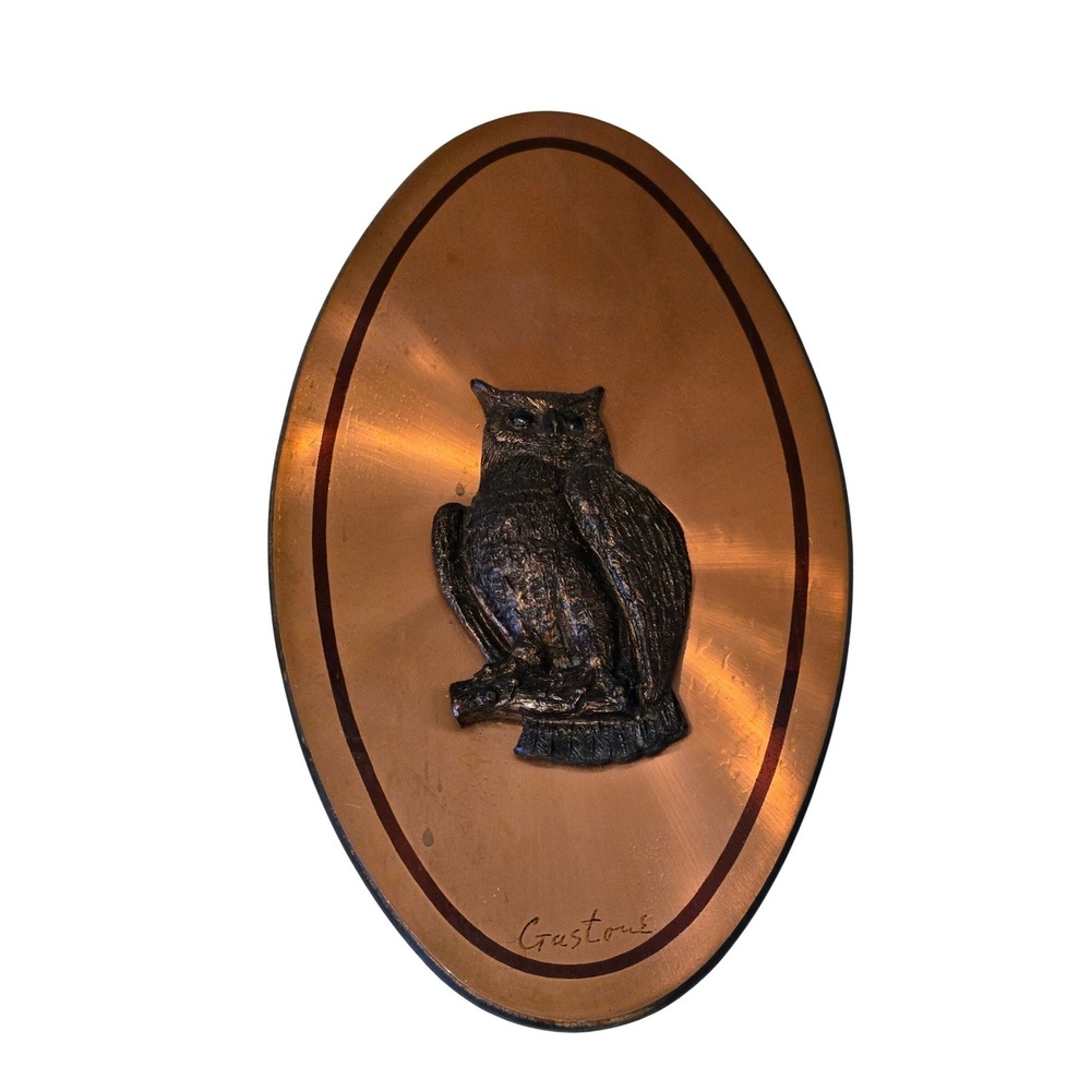 Gastone Owl Wall Art Sculpture Oval Copper Plaque Bronze Tone Vintage MCM